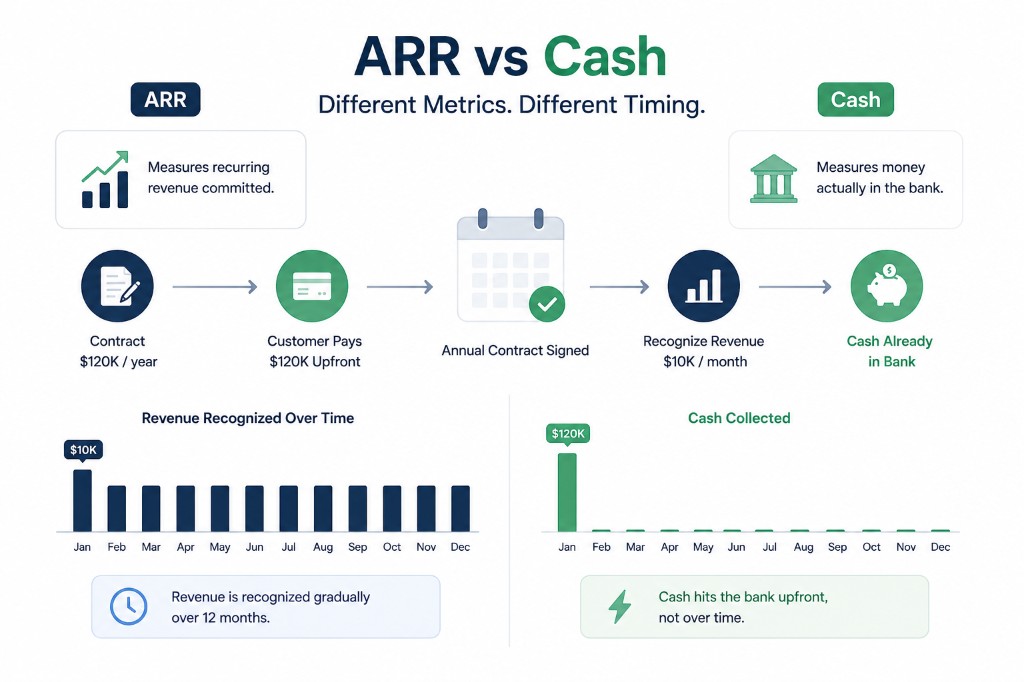 ARR vs cash timing comparison for a $120K annual upfront SaaS contract: revenue recognized at $10K per month versus $120K cash collected upfront in January