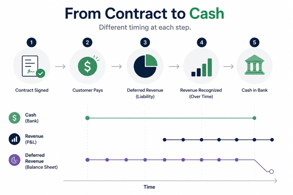 From contract to cash flowchart showing contract signed, customer pays, deferred revenue liability, revenue recognized over time on the P&L, and cash remaining in the bank
