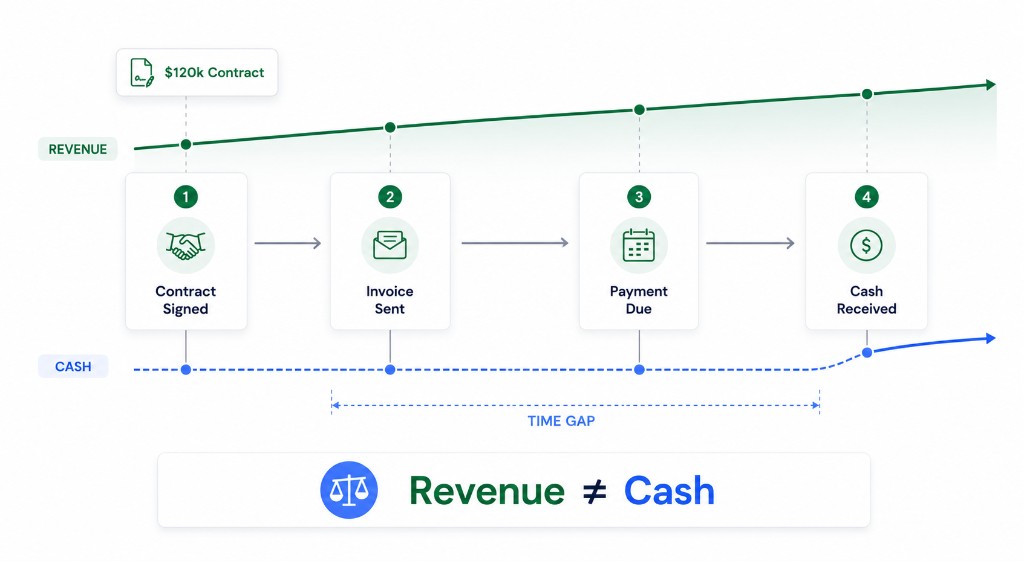 Revenue versus cash timeline for a $120K contract: revenue recognized from contract signed through invoice sent and payment due, with cash received only after a time gap