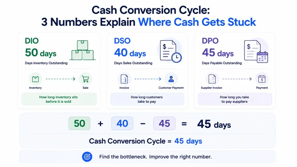 Cash conversion cycle example: Days Inventory Outstanding 50 days, Days Sales Outstanding 40 days, Days Payable Outstanding 45 days, equals a 45-day CCC