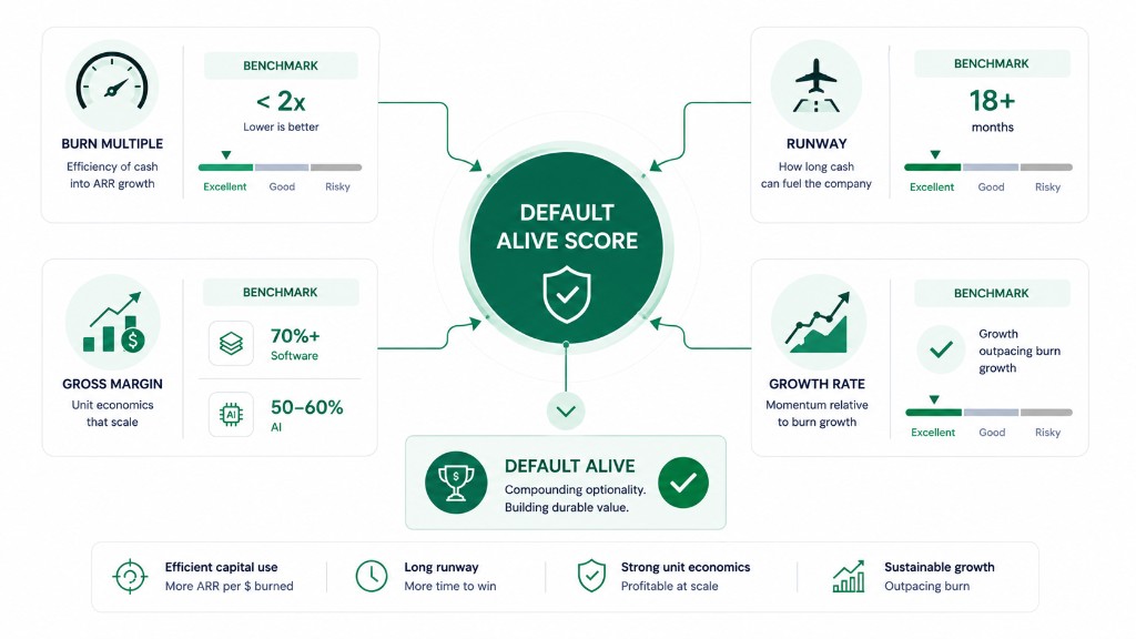 Default alive score dashboard showing burn multiple under 2x, runway of 18 plus months, gross margin benchmarks for software and AI, and growth outpacing burn
