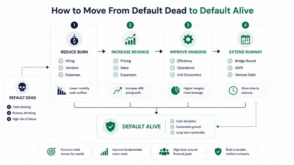 Roadmap from default dead to default alive through reducing burn, increasing revenue, improving margins, and extending runway with bridge capital