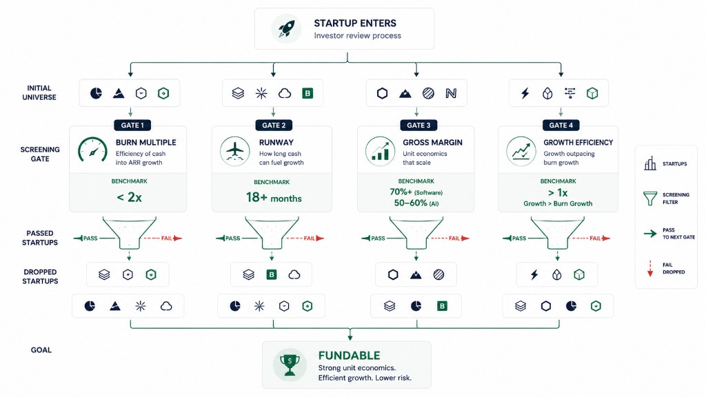 Investor review funnel with four screening gates: burn multiple under 2x, runway of 18 plus months, gross margin benchmarks, and growth outpacing burn growth