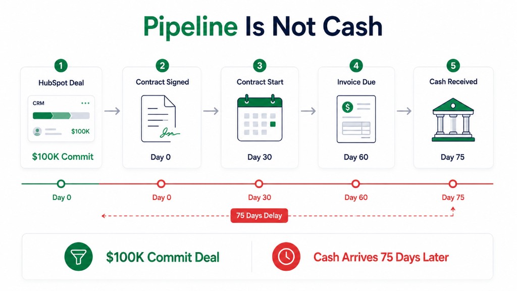 Timeline showing a $100K HubSpot Commit deal at day 0, contract start at day 30, invoice due at day 60, and cash received at day 75.