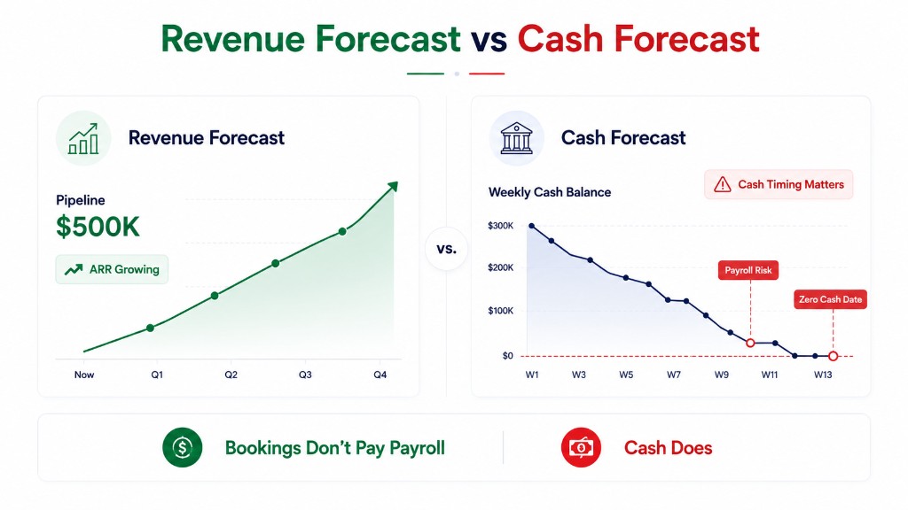 Side-by-side dashboard comparing revenue forecast growth from pipeline against a weekly cash forecast that trends toward zero cash date.