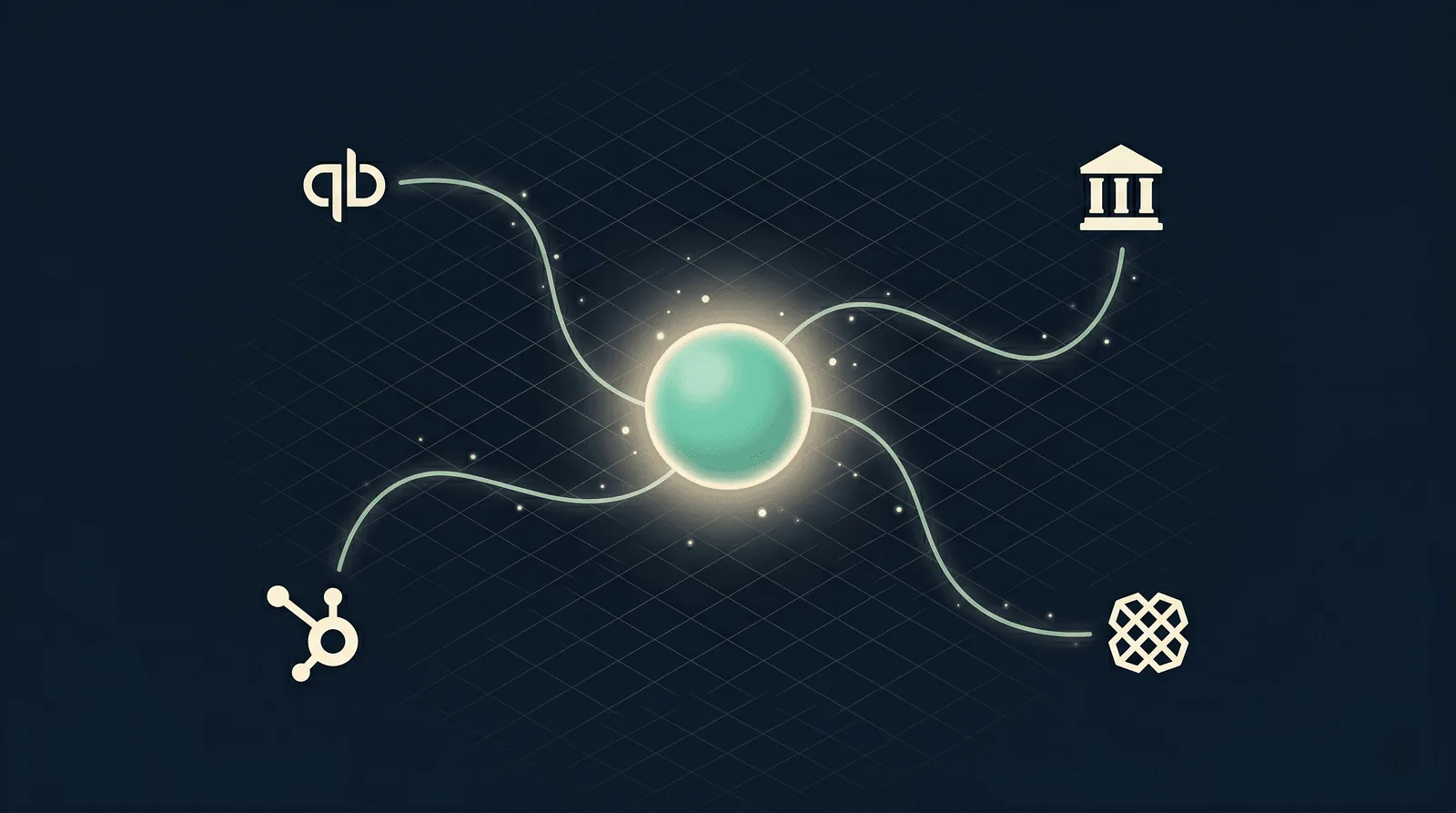 Illustration of an AI agent represented as a glowing teal orb at the center, extending four curving light threads outward to small monochrome icons for QuickBooks, a bank, HubSpot CRM, and Plaid, showing how an AI agent reaches into a finance stack.