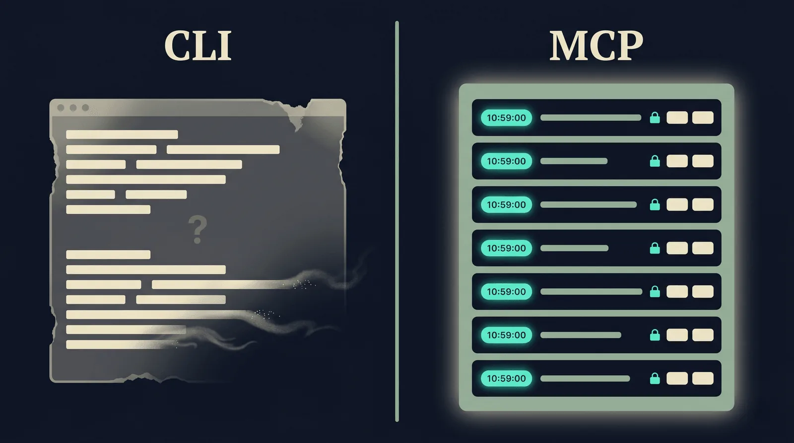 Visual comparison of two audit trails. On the left, a torn, fragmented terminal window labeled CLI fades into smoke with an ambiguous question mark, conveying an unreliable record. On the right, a clean MCP audit log shows seven structured rows with timestamped tool calls, scoped OAuth badges, and tagged inputs and outputs ready for a SOC 2 or WISP review.