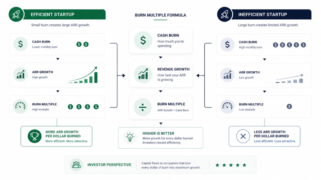 Burn multiple formula comparing an efficient startup with high ARR growth per dollar burned versus an inefficient startup with low growth relative to cash burn