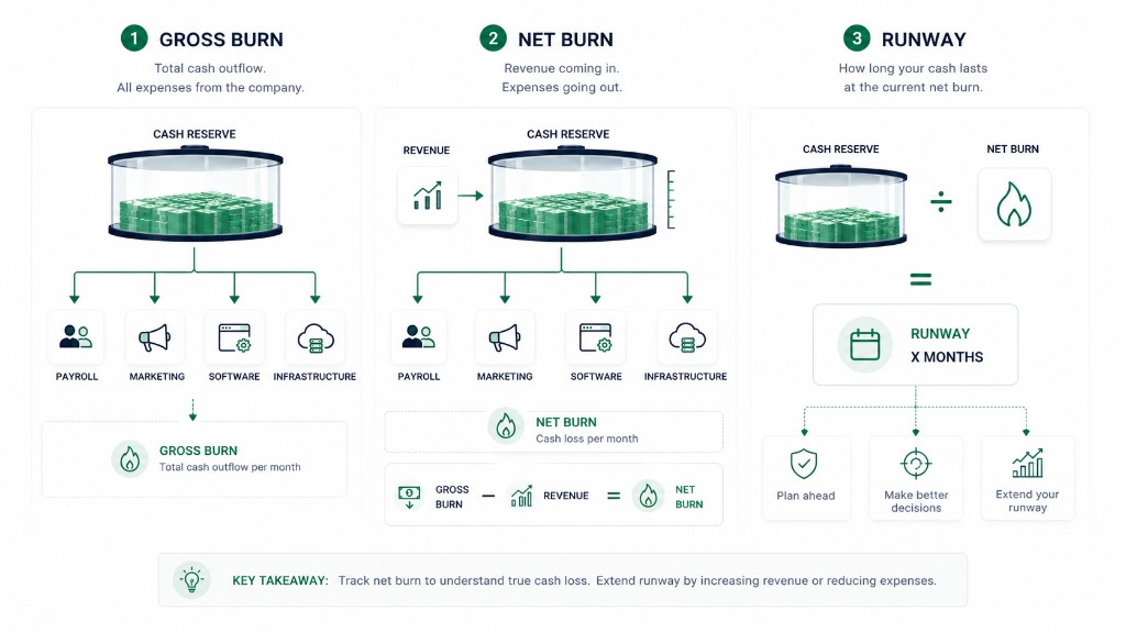 Three-step diagram comparing gross burn as total cash outflow, net burn as gross burn minus revenue, and runway as cash reserve divided by net burn