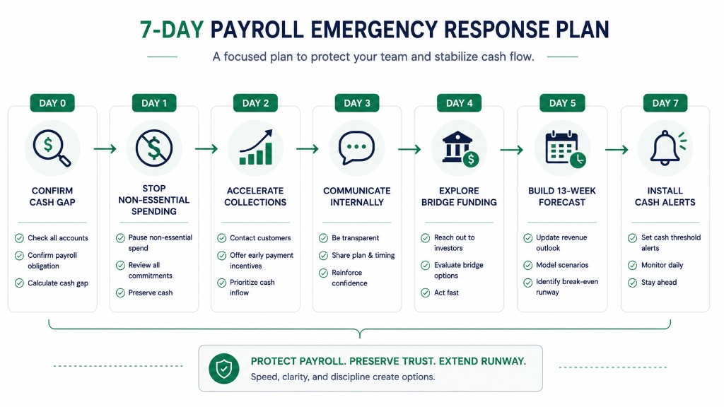 Seven-day payroll emergency response plan from confirming the cash gap on day zero through stopping spend, accelerating collections, internal communication, bridge funding, a 13-week forecast, and cash alerts
