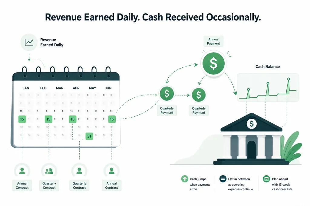 SaaS revenue earned daily versus cash received occasionally from annual and quarterly contracts, showing timing impact on cash balance