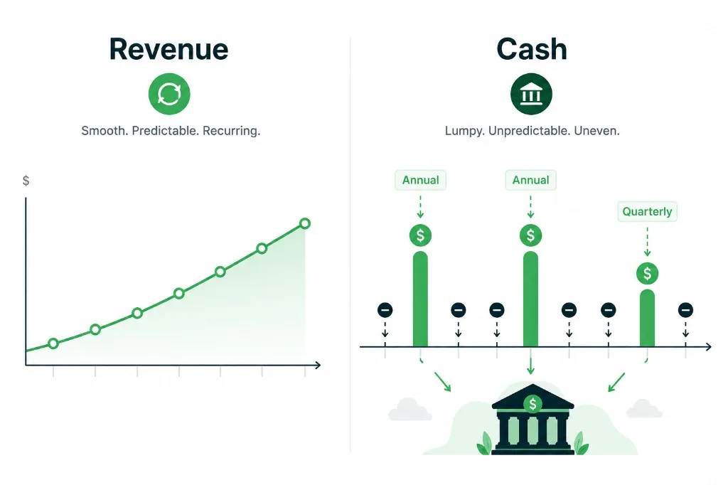 Comparison chart showing smooth recurring SaaS revenue versus lumpy cash receipts from annual and quarterly billing cycles