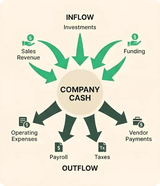 Diagram of company cash inflows from sales revenue, investments, and funding, and outflows for operating expenses, payroll, taxes, and vendor payments
