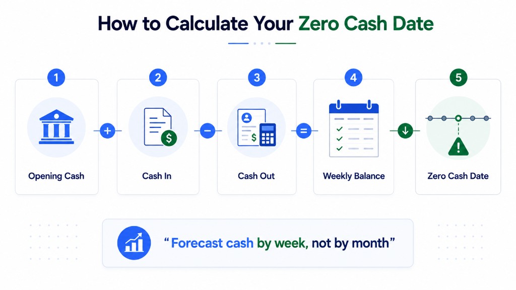 Five-step zero cash date formula: opening cash plus cash in minus cash out equals weekly balance, then identify the zero cash date