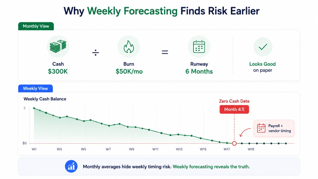 Monthly view shows six months runway from $300K cash and $50K burn, but weekly cash balance graph reveals zero cash date at month 4.5 from payroll and vendor timing